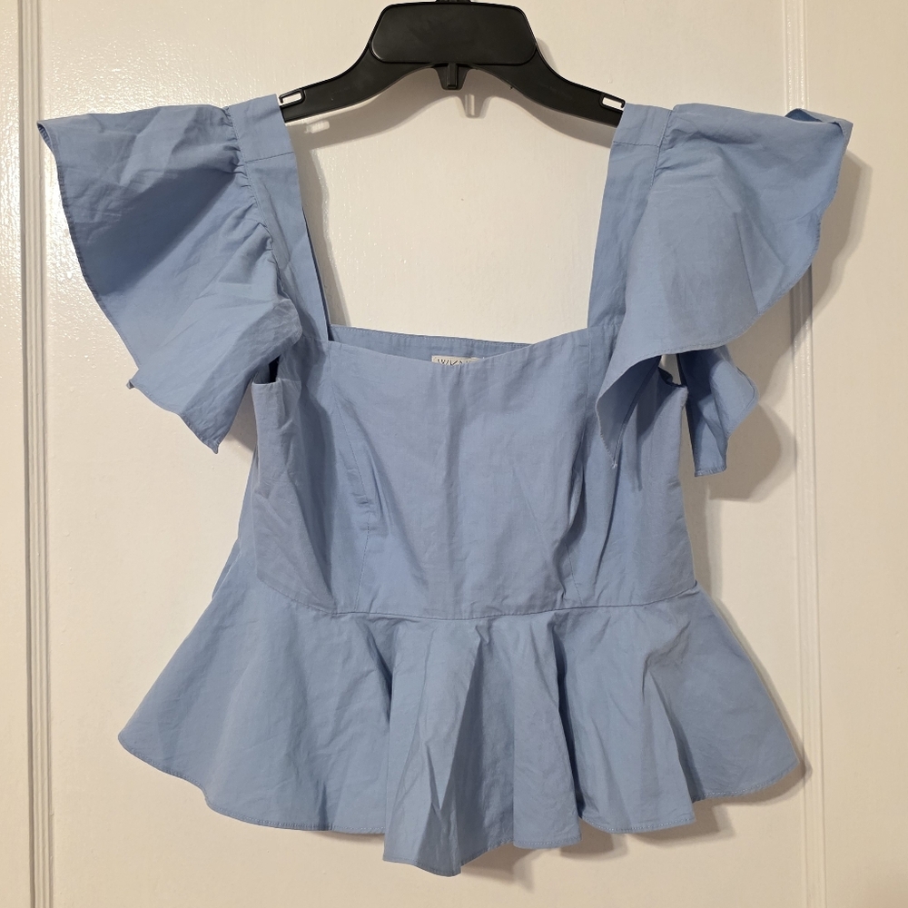 NEW WKND WYFR powder Blue Ruffle Cotton Crop Top XS